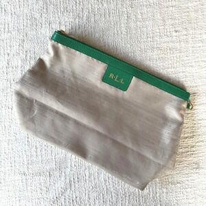 Ralph Lauren Cosmetic Bag Pouch Tan Monogram Green‎ Lizard Trim Zip
